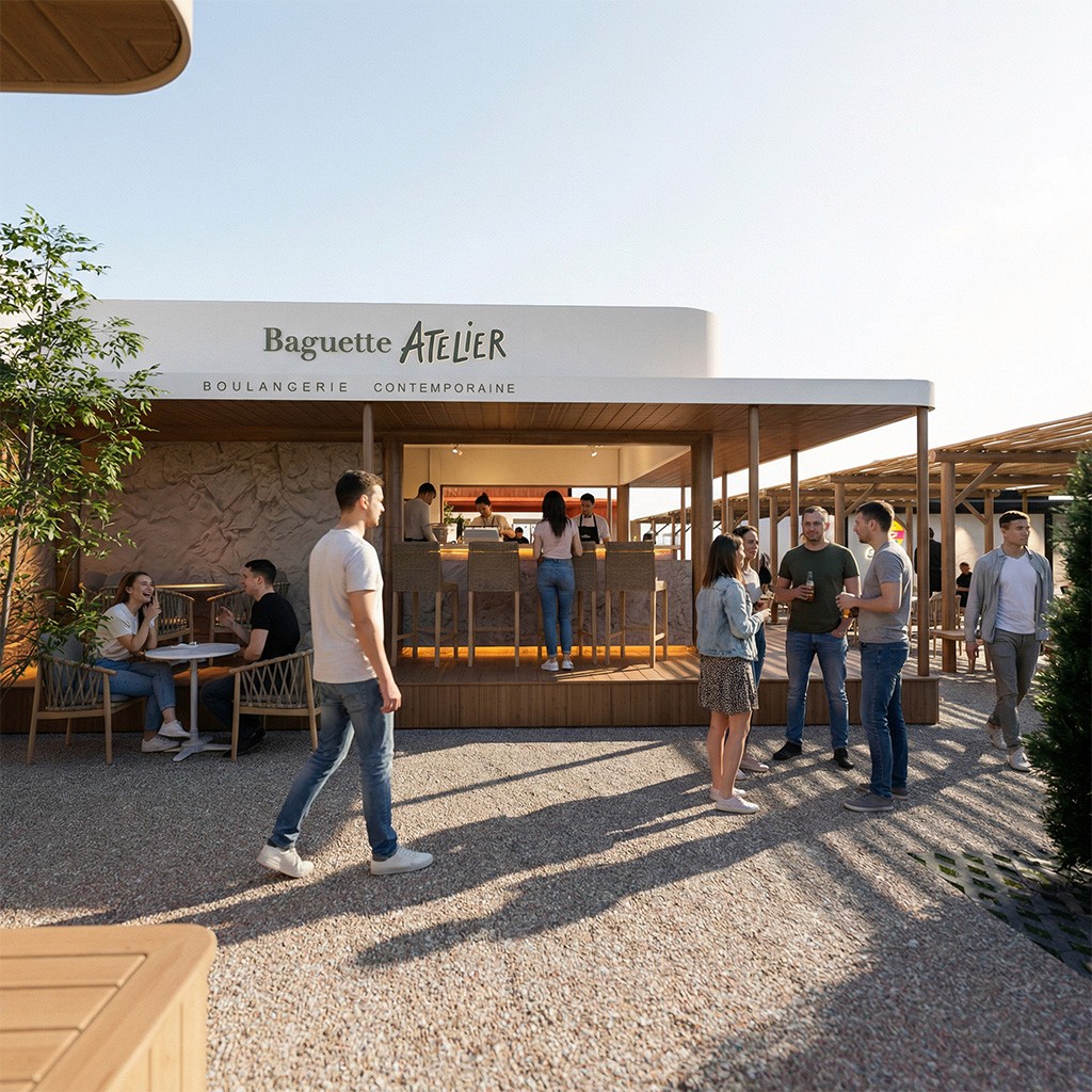 Baguette Atelier boulangerie building with people outside at sunset