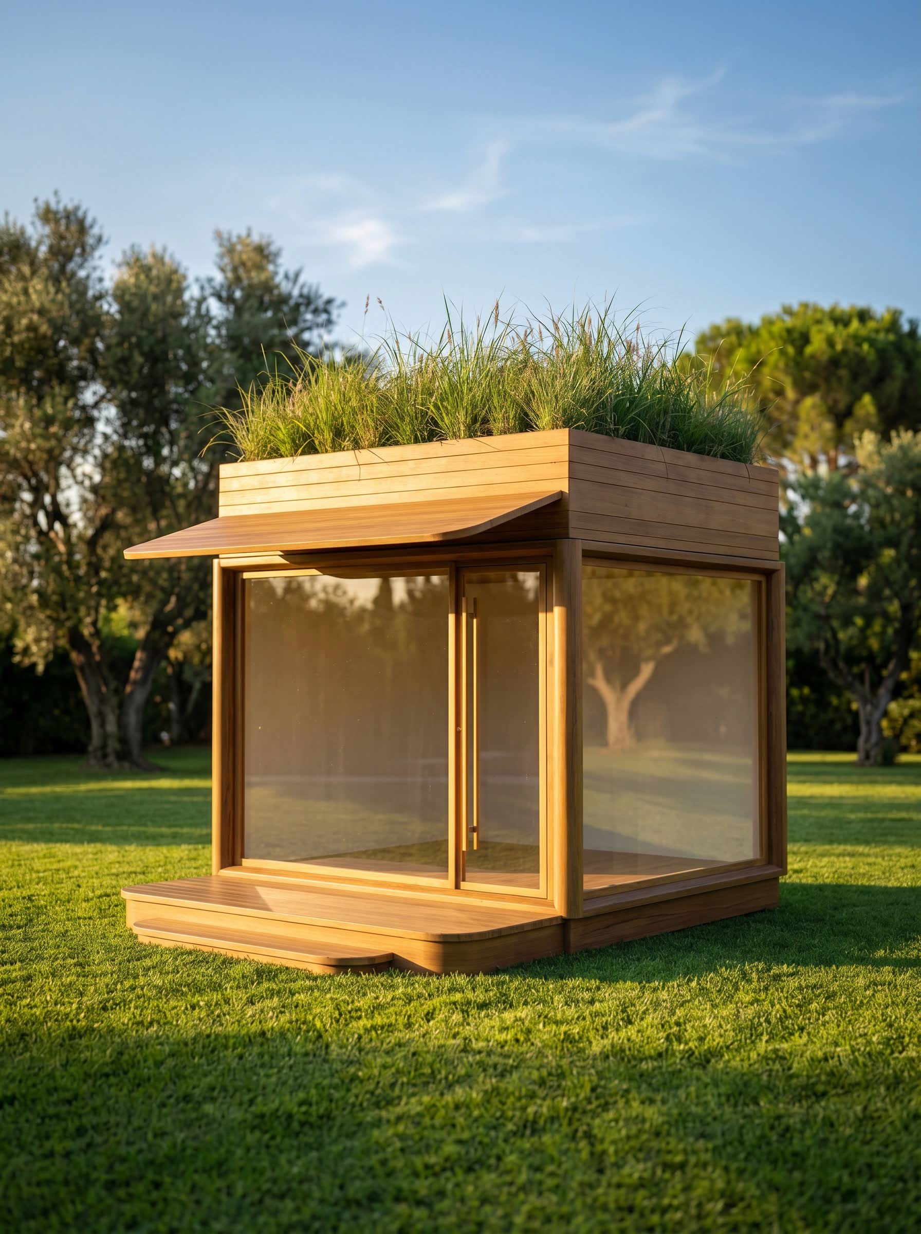 Chioșc modular cu acoperiș verde și vitrină mare, ziua