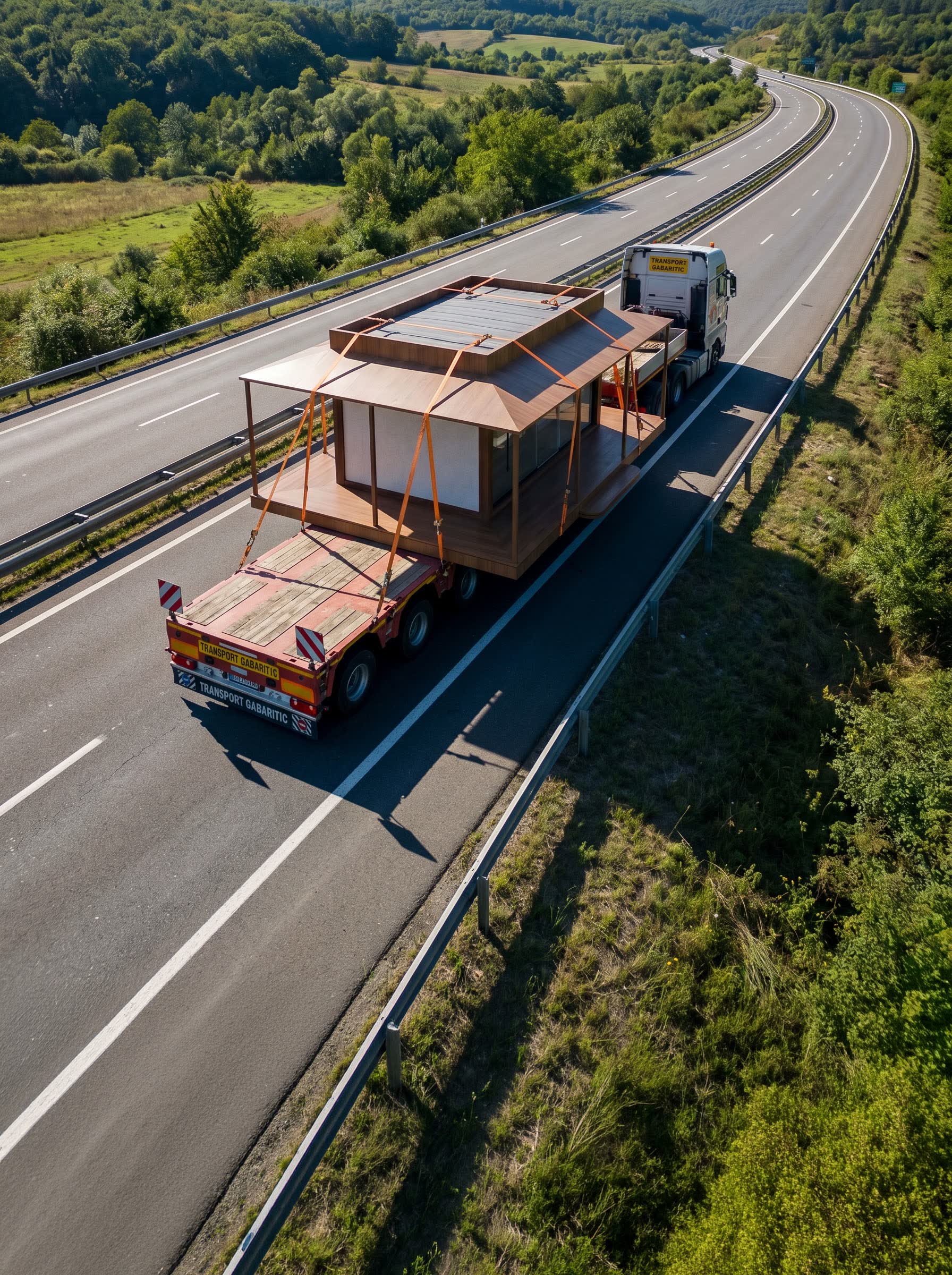 Un modul comercial transportat cu un camion pe autostradă