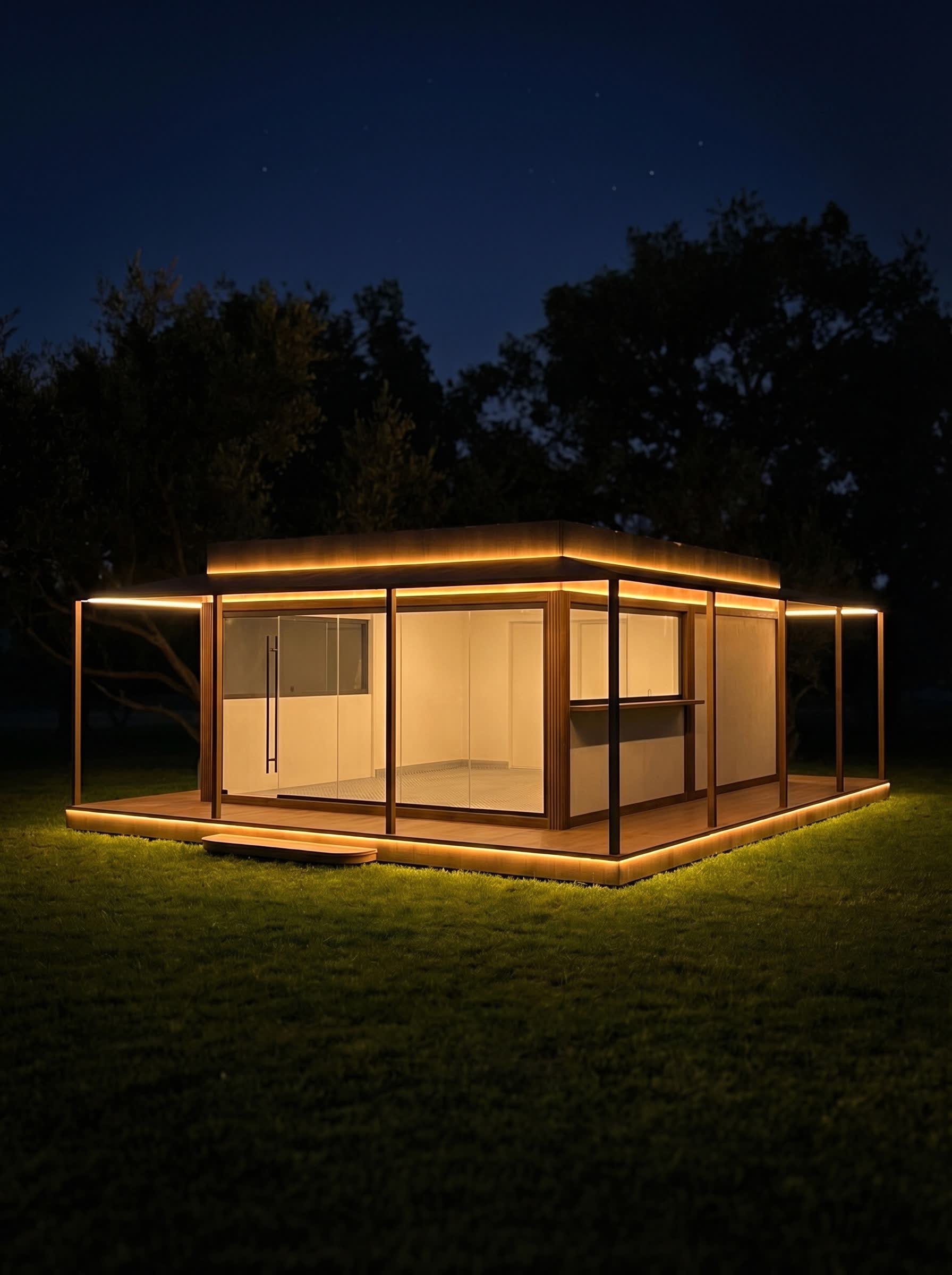 Modul comercial cu terasă și iluminare LED, noaptea