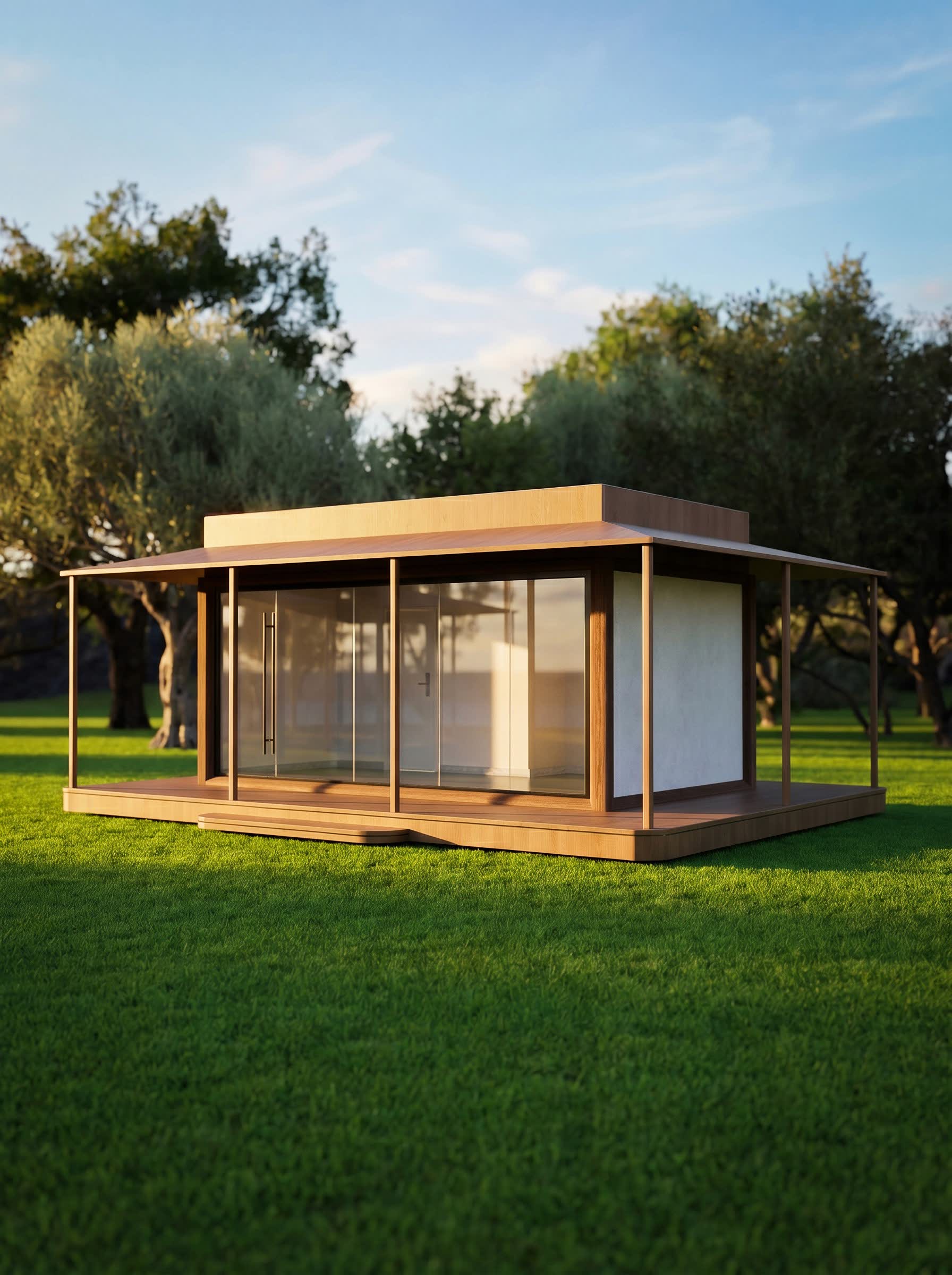 Spațiu comercial modular cu streașină largă, ziua