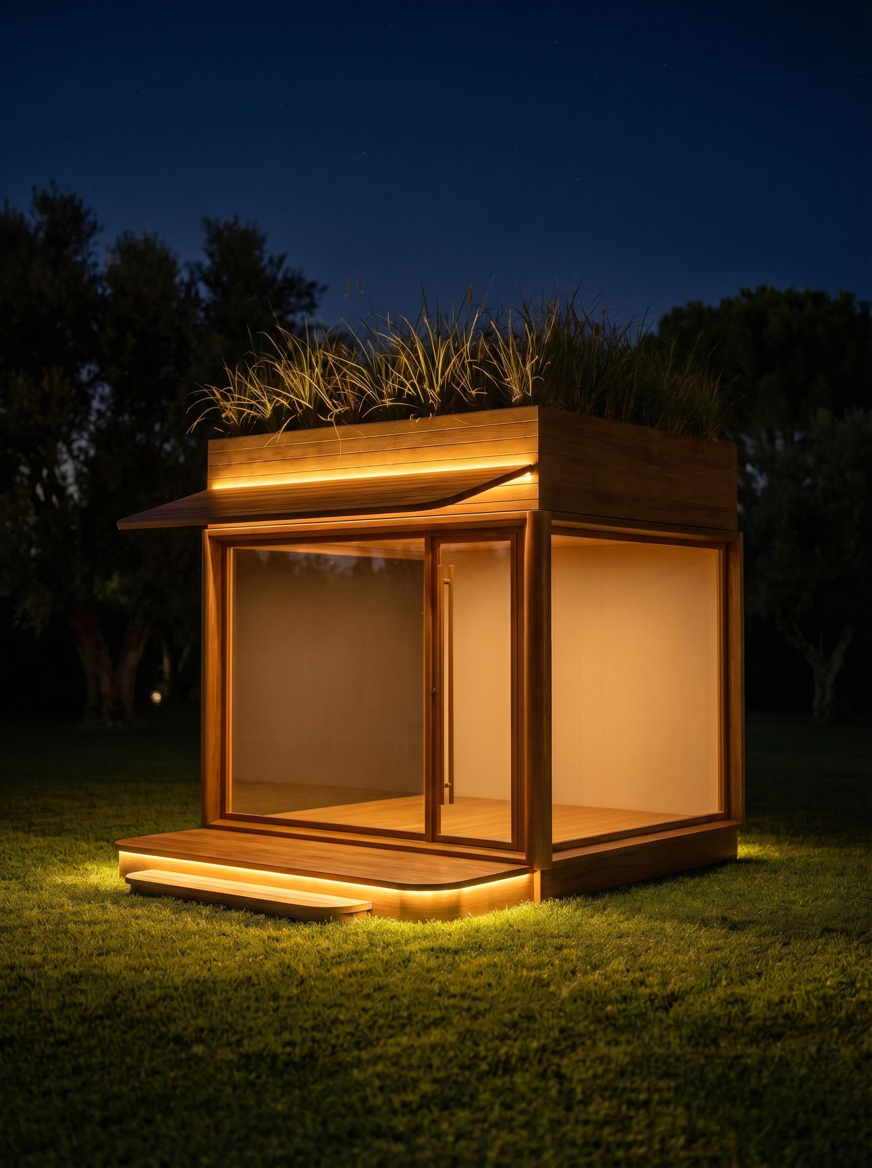 Chioșc modular cu acoperiș verde și vitrină mare, noaptea