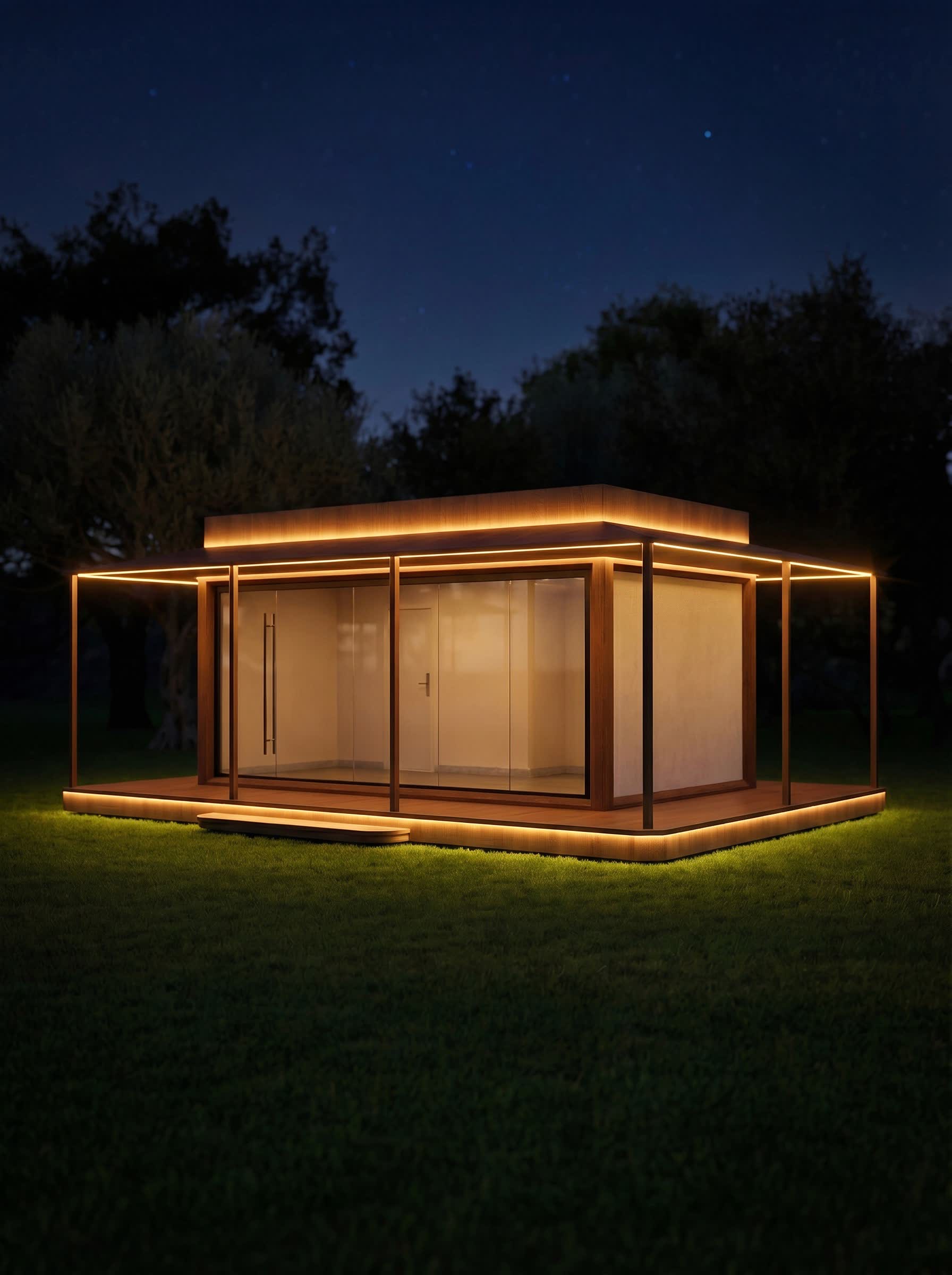 Spațiu comercial modular cu streașină largă, noaptea