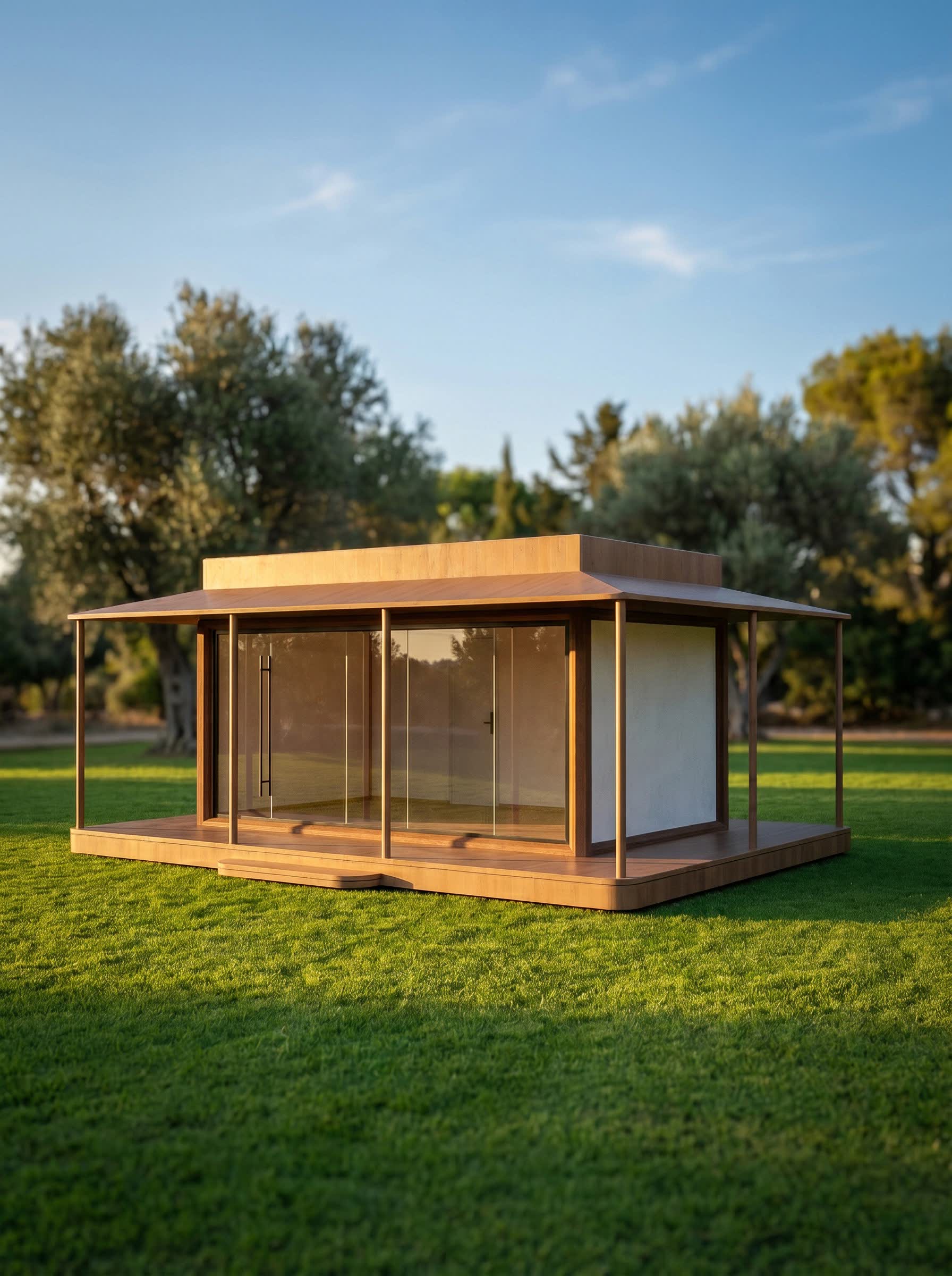 Spațiu comercial modular din lemn cu terasă, ziua